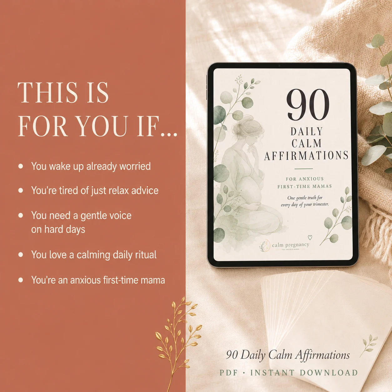 90 Daily Calm Affirmations on a tablet for anxious first-time moms who wake up worried and need a gentle daily voice, digital pregnancy download