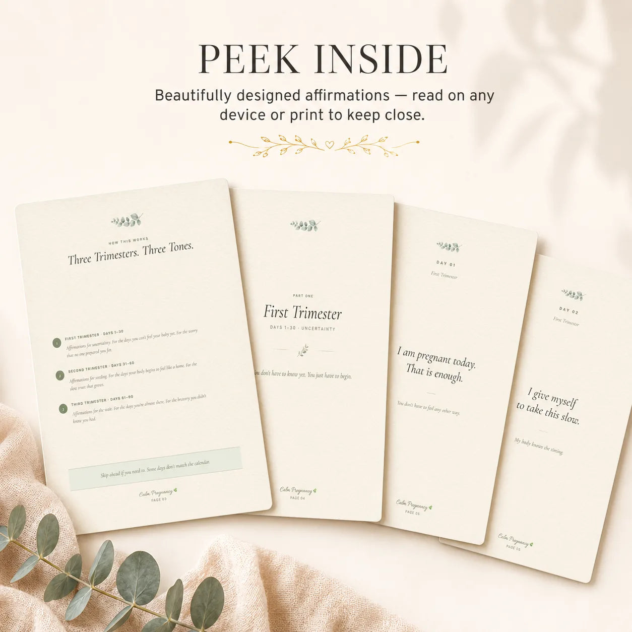 Inside pages of 90 Daily Calm Affirmations showing pregnancy affirmations organized by trimester, printable affirmation PDF for first-time moms