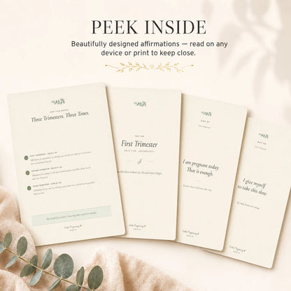 Inside pages of 90 Daily Calm Affirmations showing pregnancy affirmations organized by trimester, printable affirmation PDF for first-time moms