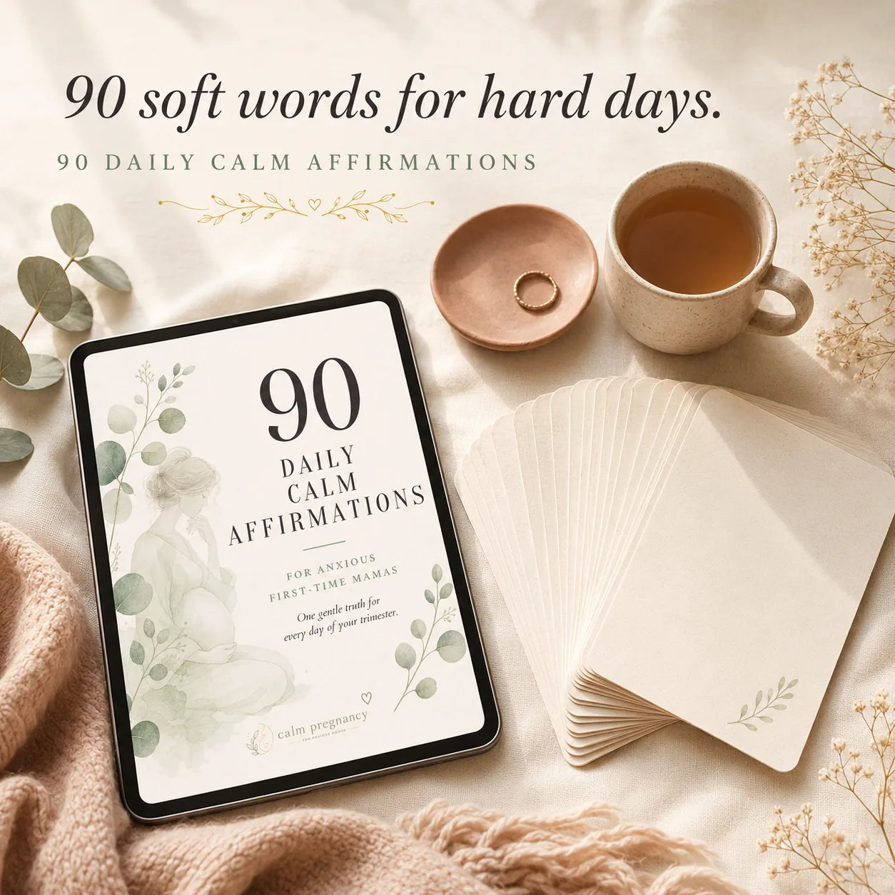 90 Daily Calm Affirmations for pregnancy with fanned affirmation cards, eucalyptus and tea on cream linen, daily affirmations for anxious first-time moms
