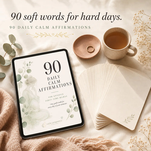 90 Daily Calm Affirmations for pregnancy with fanned affirmation cards, eucalyptus and tea on cream linen, daily affirmations for anxious first-time moms
