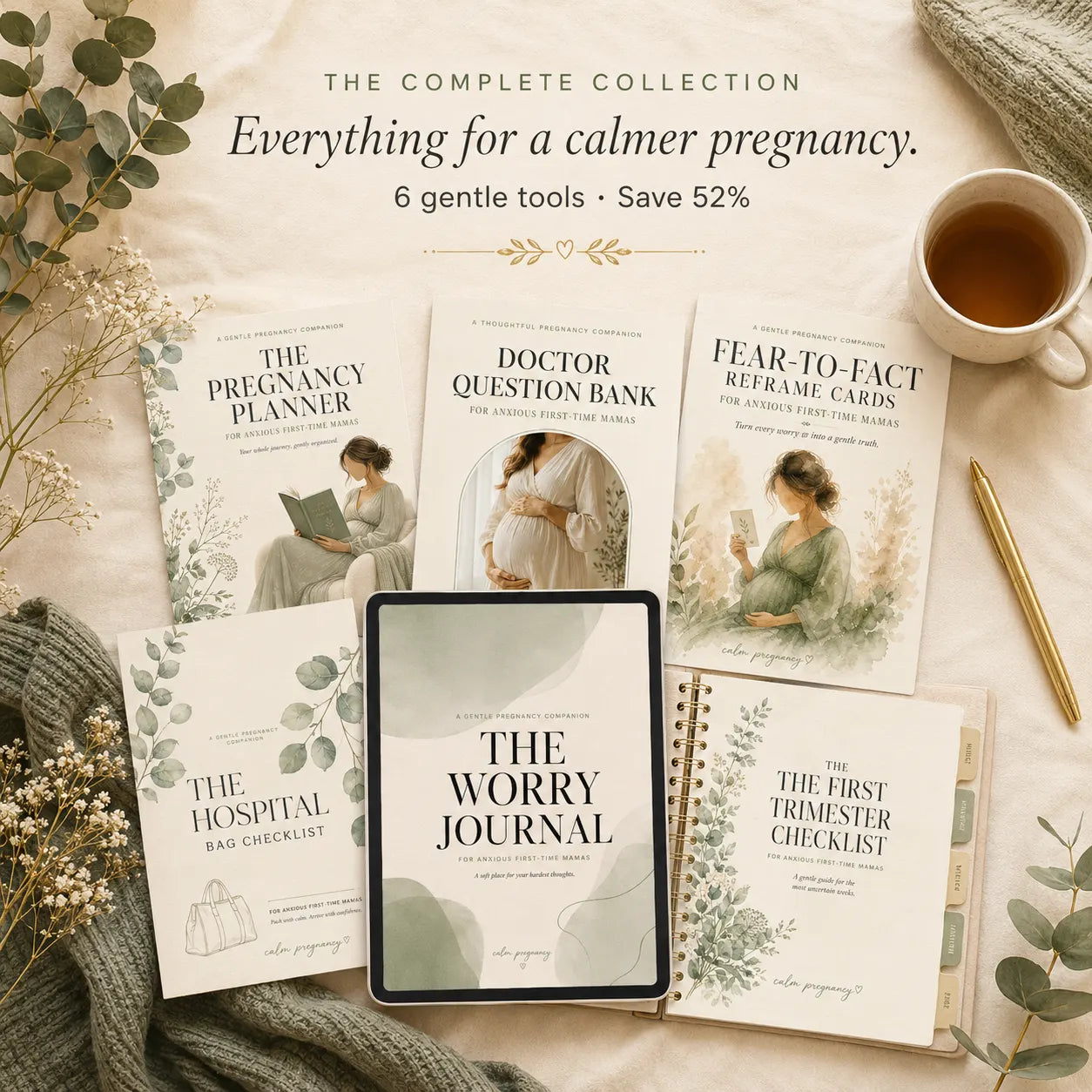 The Complete Calm Pregnancy Bundle with 6 planners and journals for anxious first-time moms, save 52 percent, printable digital download collection
