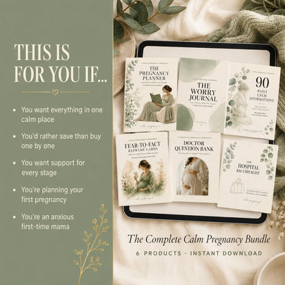 The Complete Calm Pregnancy Bundle on a tablet for anxious first-time moms who want everything in one calm place, digital download

