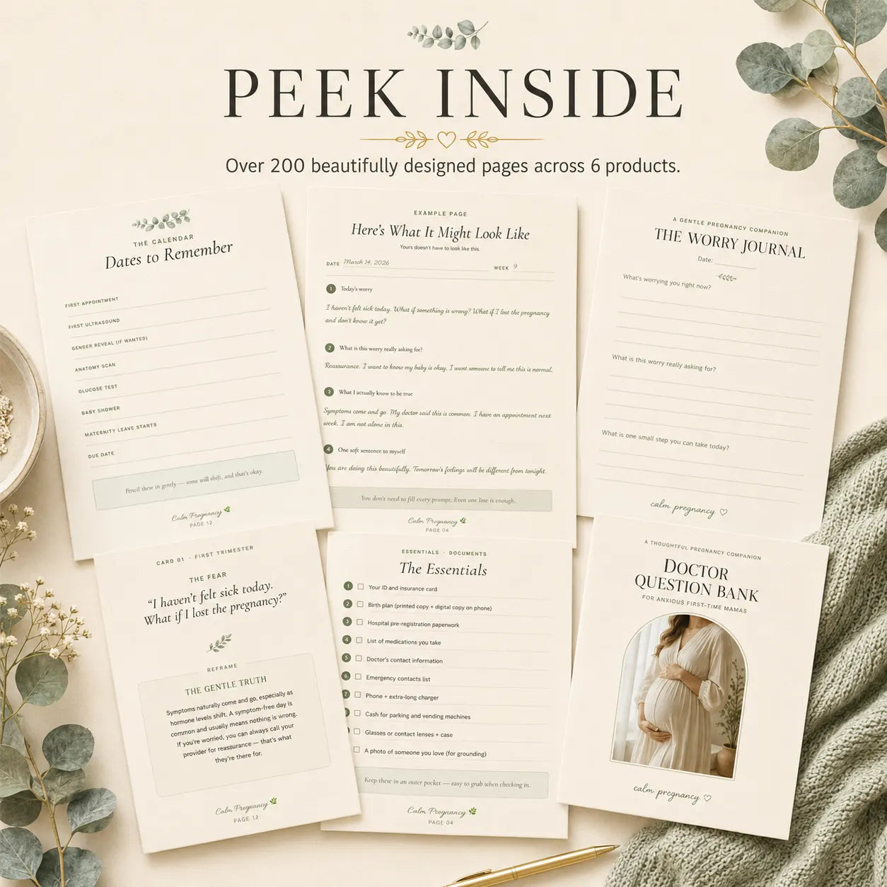 Inside the Calm Pregnancy Bundle showing over 200 pages across 6 products, printable pregnancy planners and journals for first-time moms

