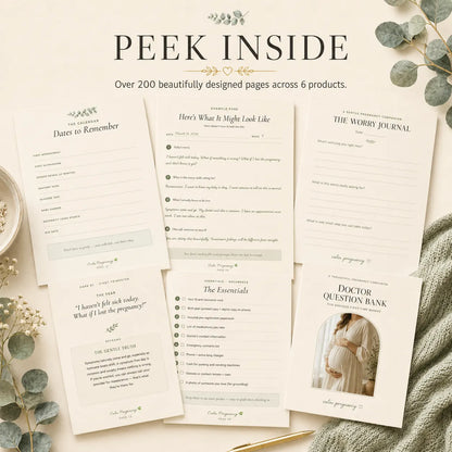 Inside the Calm Pregnancy Bundle showing over 200 pages across 6 products, printable pregnancy planners and journals for first-time moms

