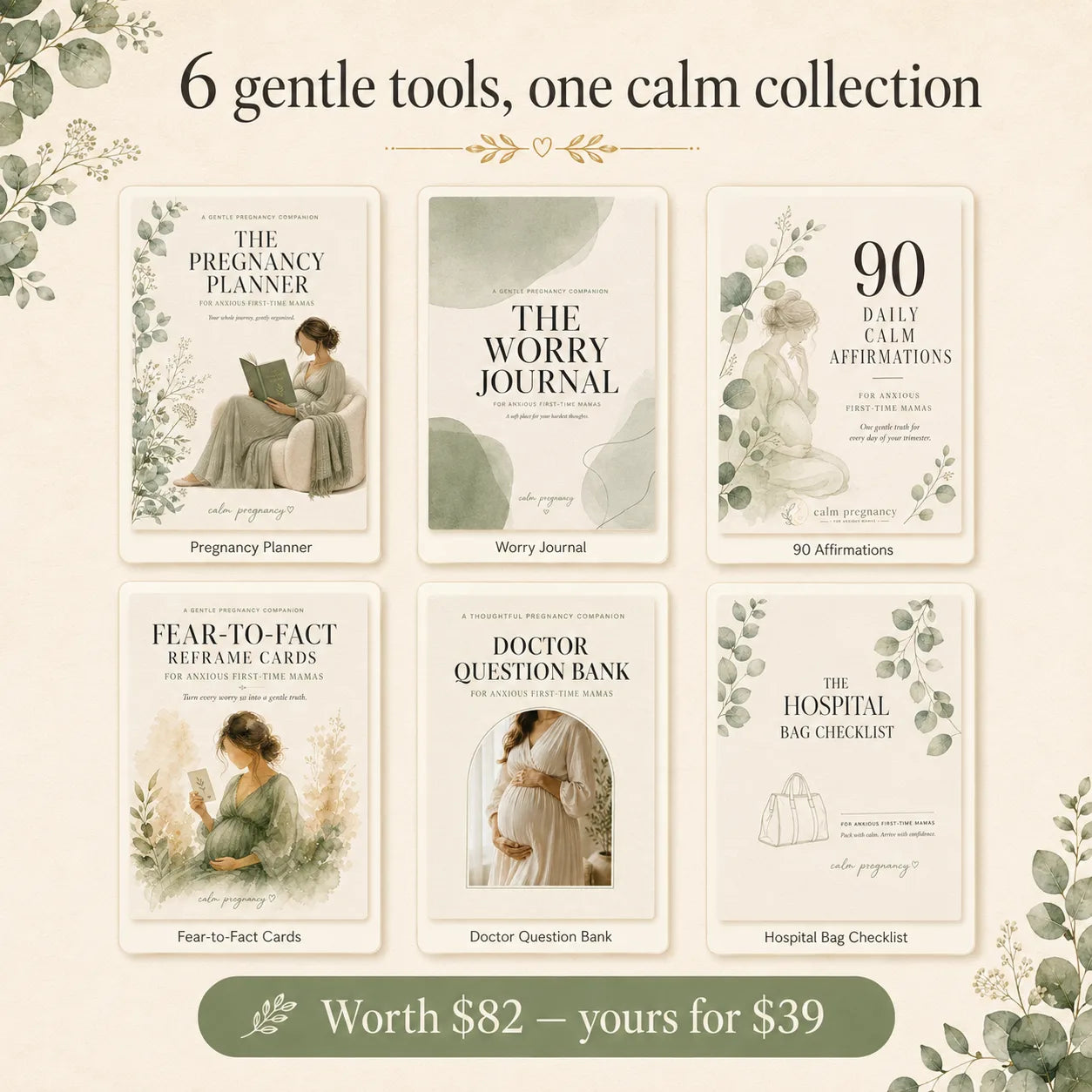 What's in the Calm Pregnancy Bundle: pregnancy planner, worry journal, 90 affirmations, fear-to-fact cards, doctor questions and hospital bag checklist
