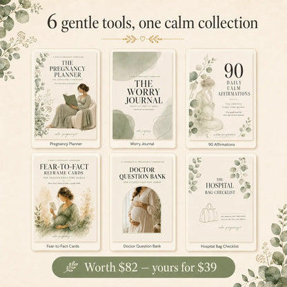 What's in the Calm Pregnancy Bundle: pregnancy planner, worry journal, 90 affirmations, fear-to-fact cards, doctor questions and hospital bag checklist
