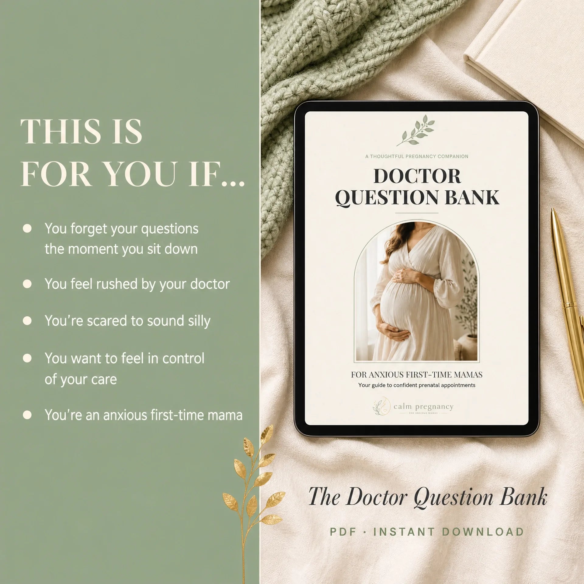 Doctor Question Bank on a tablet for anxious first-time moms who forget their questions at prenatal appointments, digital pregnancy download