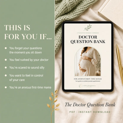 Doctor Question Bank on a tablet for anxious first-time moms who forget their questions at prenatal appointments, digital pregnancy download