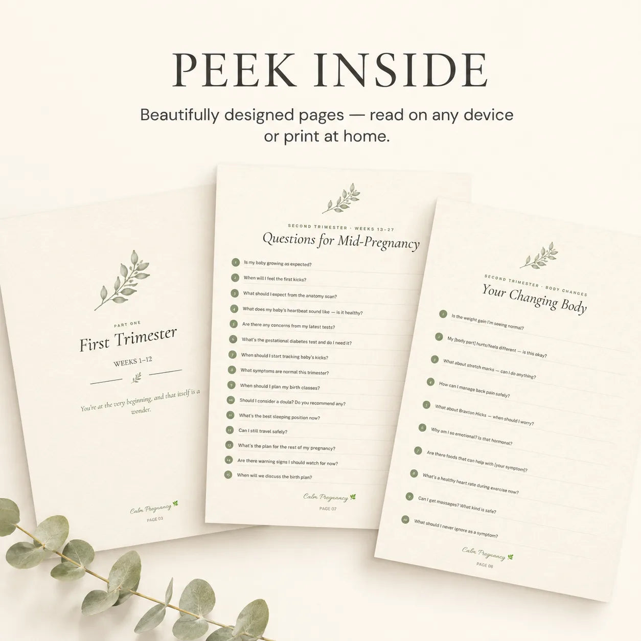 Inside pages of the Doctor Question Bank showing prenatal appointment questions organized by trimester, printable pregnancy PDF for first-time moms