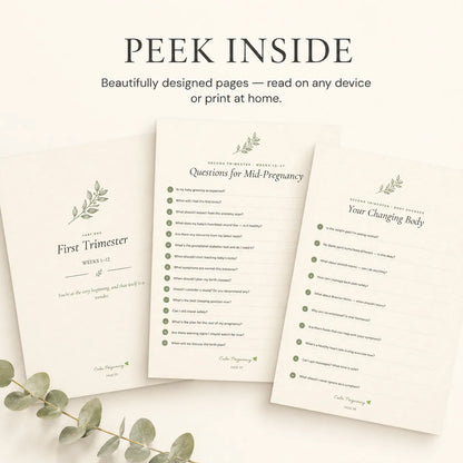Inside pages of the Doctor Question Bank showing prenatal appointment questions organized by trimester, printable pregnancy PDF for first-time moms