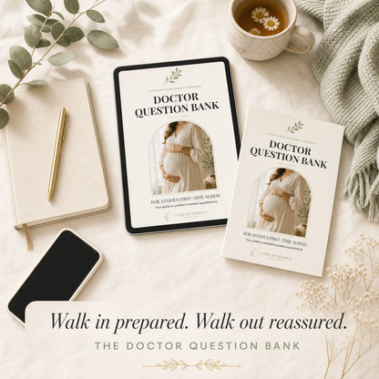 Doctor Question Bank for pregnancy printed booklet and tablet on cream linen with eucalyptus and tea, prenatal appointment questions for anxious first-time moms