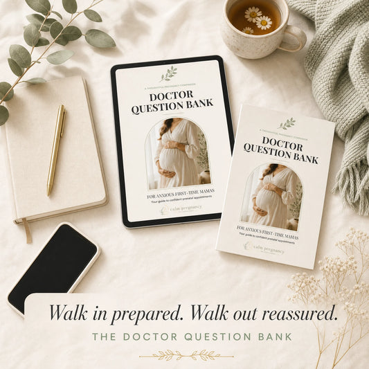 Doctor Question Bank for pregnancy printed booklet and tablet on cream linen with eucalyptus and tea, prenatal appointment questions for anxious first-time moms