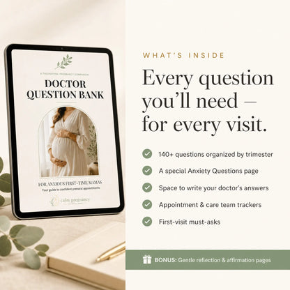 What's included in the Doctor Question Bank: 140 plus pregnancy questions by trimester, anxiety questions page, and appointment trackers
