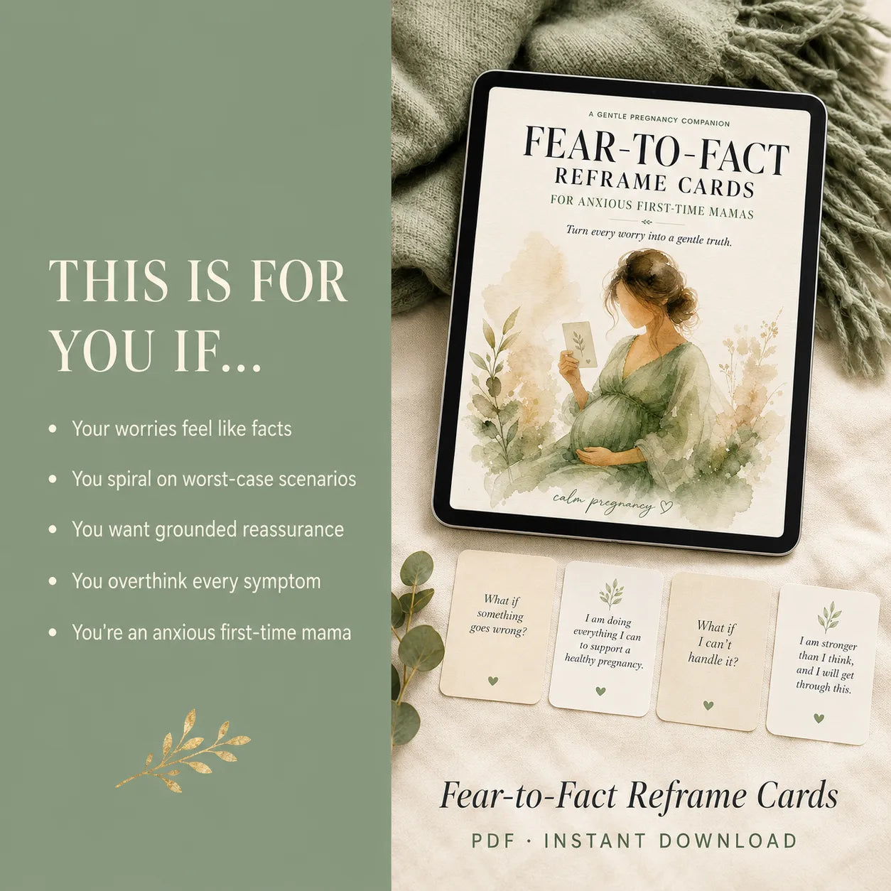 Fear-to-Fact Reframe Cards on a tablet for anxious first-time moms whose worries feel like facts, digital pregnancy anxiety download
