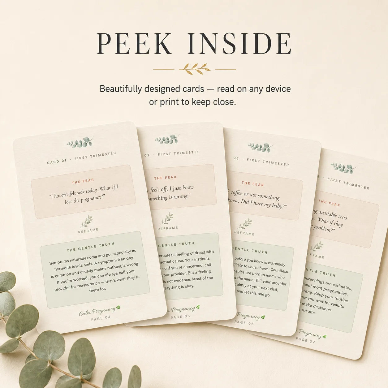 Inside the Fear-to-Fact Reframe Cards showing fear and fact card pairs, CBT-inspired printable anxiety cards for first-time moms
