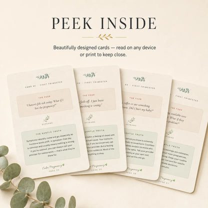 Inside the Fear-to-Fact Reframe Cards showing fear and fact card pairs, CBT-inspired printable anxiety cards for first-time moms
