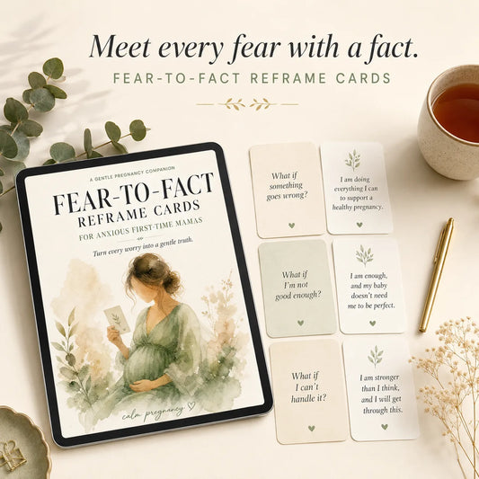 Fear-to-Fact Reframe Cards for pregnancy anxiety with paired cards and eucalyptus on cream, turn worries into gentle truths for anxious first-time moms
