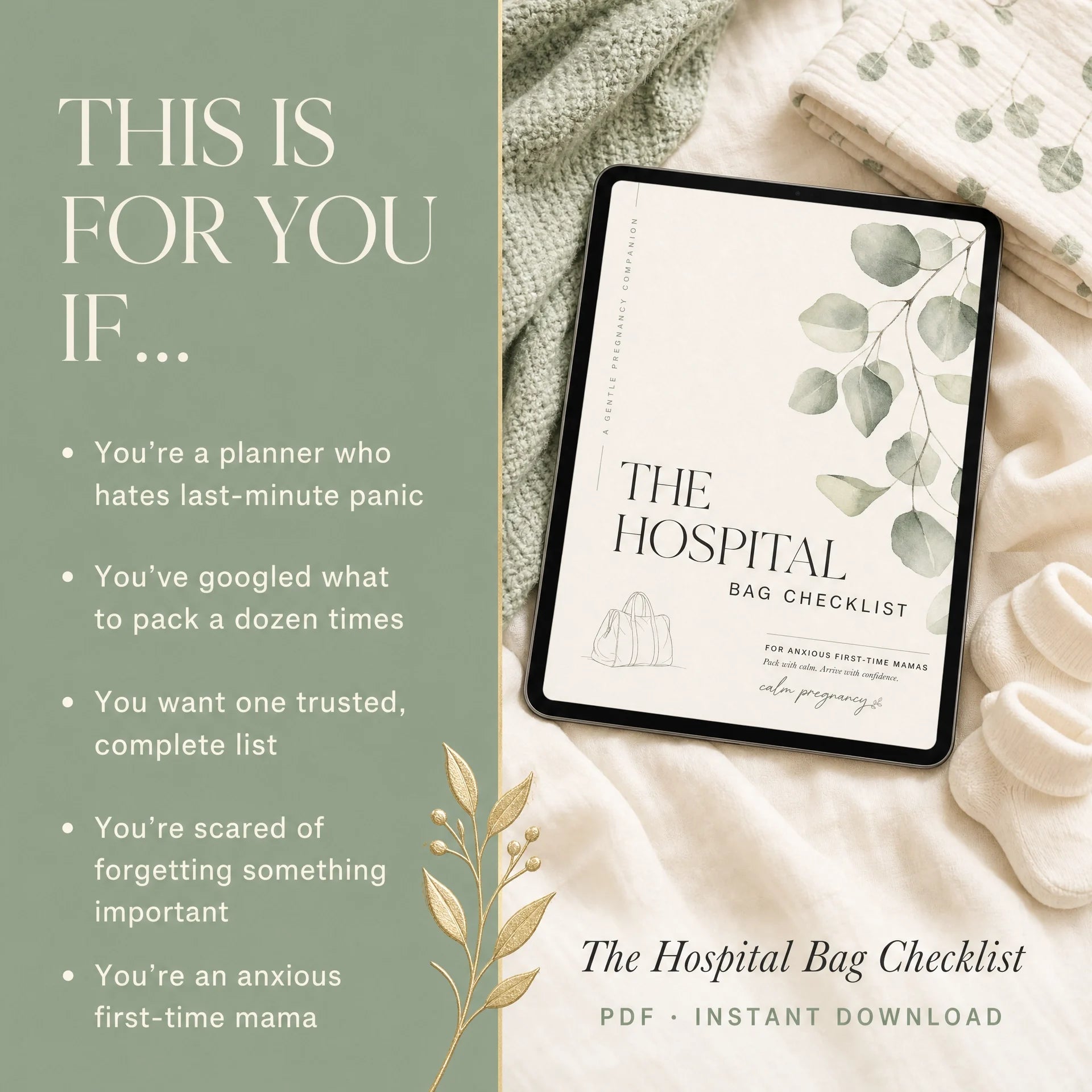 Hospital Bag Checklist on a tablet for anxious first-time moms who worry about forgetting something for the hospital, digital pregnancy download