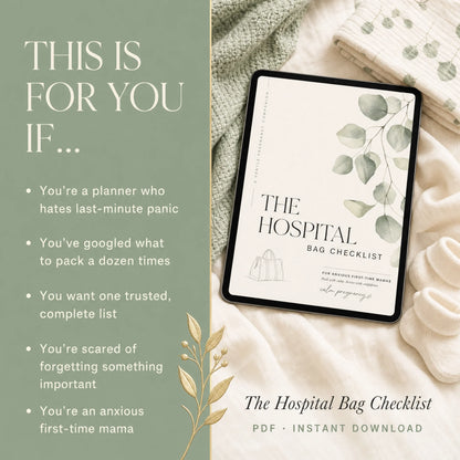 Hospital Bag Checklist on a tablet for anxious first-time moms who worry about forgetting something for the hospital, digital pregnancy download