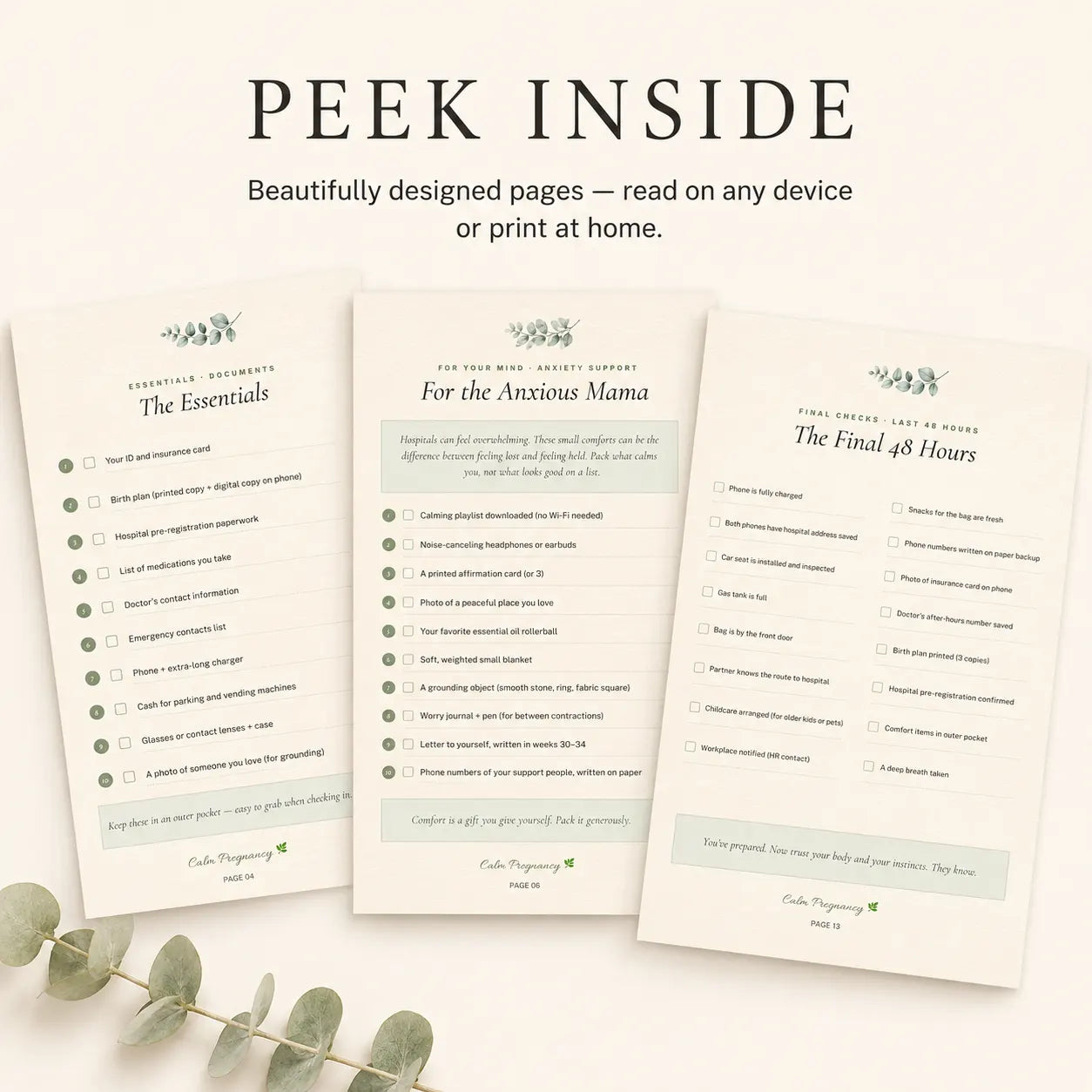Inside pages of the Hospital Bag Checklist showing packing lists for mom, baby and partner, printable labor and delivery PDF for first-time moms