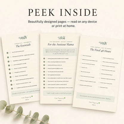 Inside pages of the Hospital Bag Checklist showing packing lists for mom, baby and partner, printable labor and delivery PDF for first-time moms