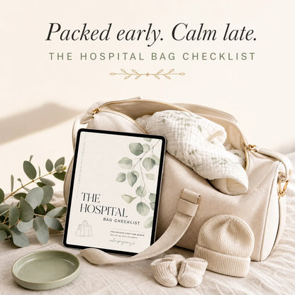 Hospital Bag Checklist for pregnancy with weekend bag, baby socks and eucalyptus on cream linen, what to pack for labor and delivery for anxious first-time moms