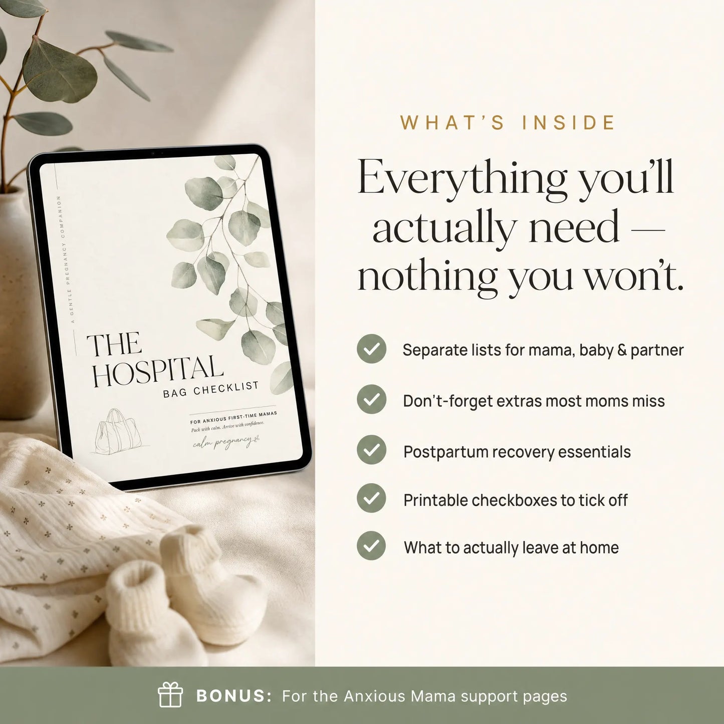 What's included in the Hospital Bag Checklist: separate lists for mama, baby and partner, postpartum essentials, and printable checkboxes