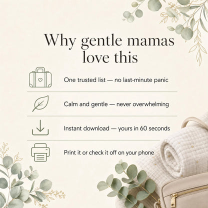 Why gentle mamas love the Hospital Bag Checklist: one trusted packing list, calm and gentle, instant printable digital download for labor and delivery