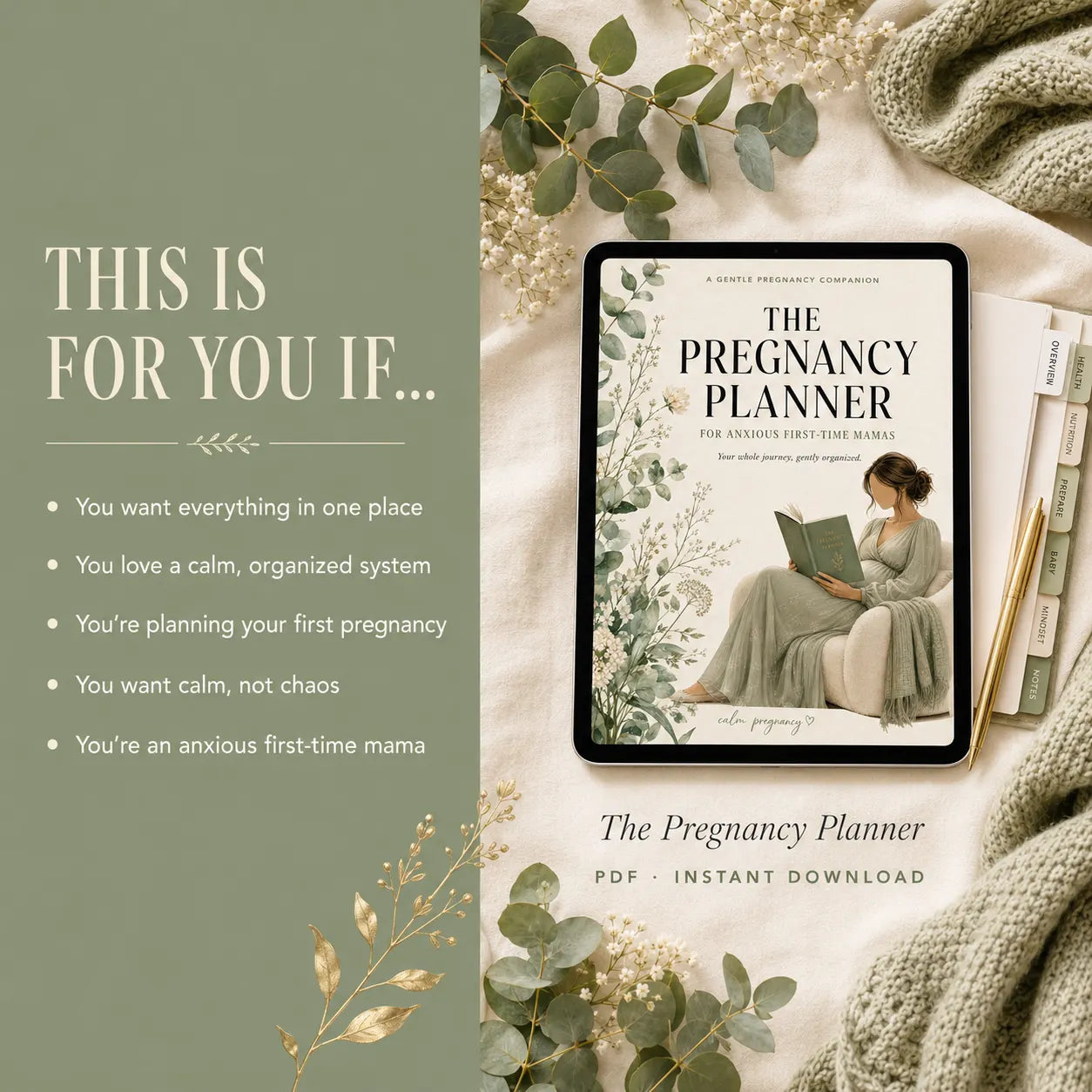 The Pregnancy Planner on a tablet for anxious first-time moms who want their whole pregnancy organized in one calm place, digital download
