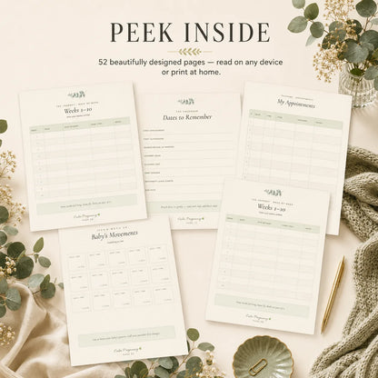 Inside The Pregnancy Planner showing trimester trackers, appointment logs and anxiety check-ins, printable 52-page pregnancy PDF
