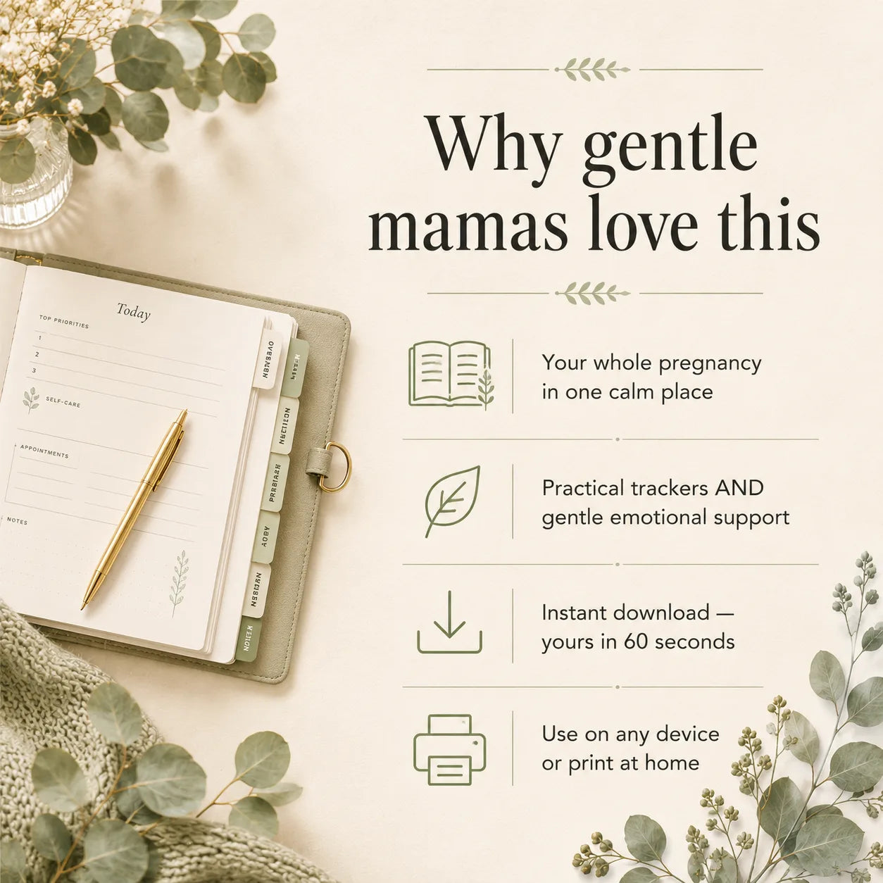 Why gentle mamas love The Pregnancy Planner: practical trackers and emotional support together, instant printable digital download
