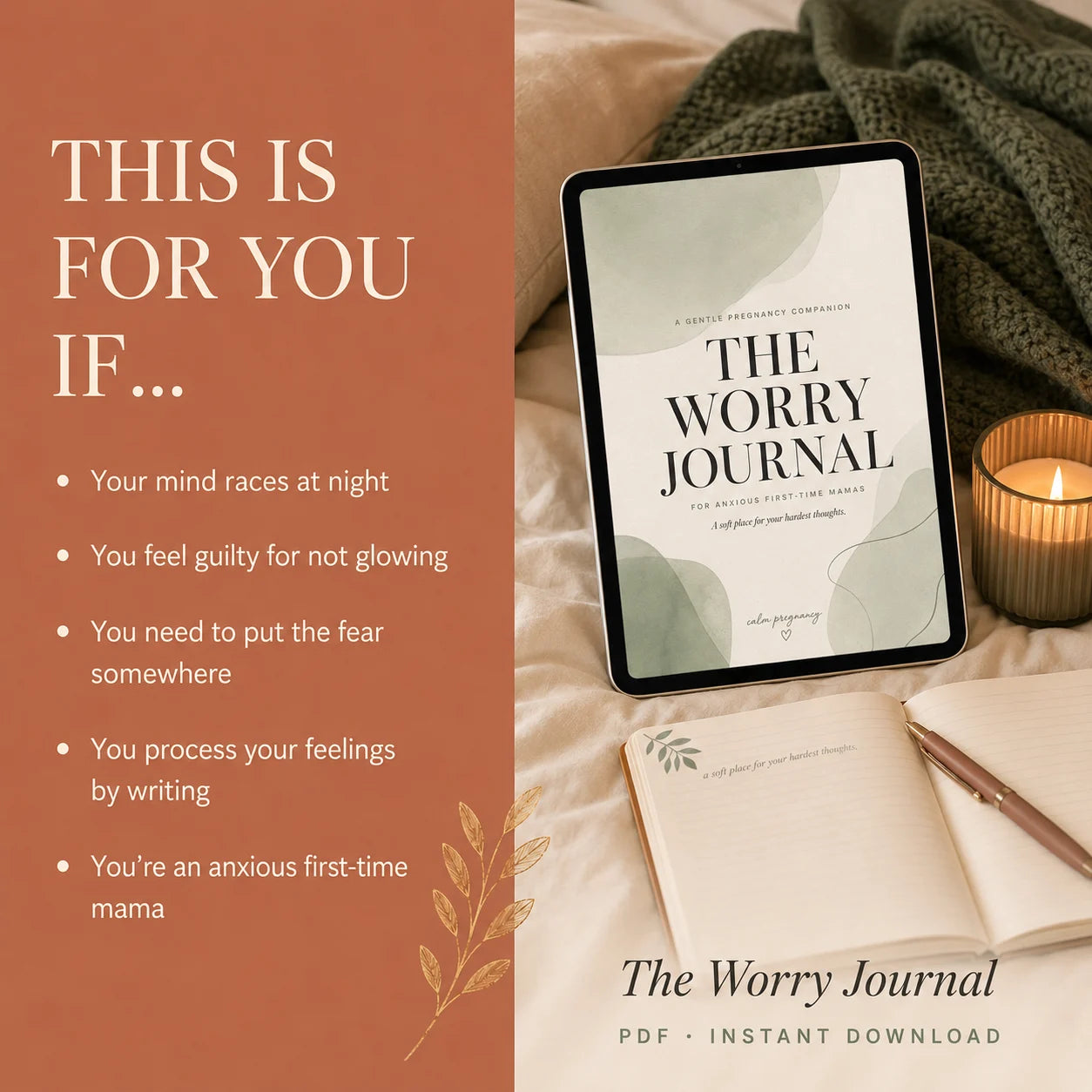 The Worry Journal on a tablet for anxious first-time moms whose minds race at night, digital pregnancy anxiety journal download