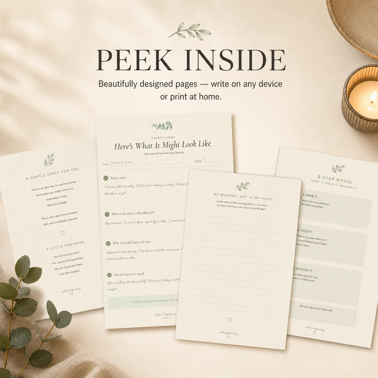 Inside The Worry Journal showing guided worry pages and a gentle 3-step ritual, printable pregnancy anxiety journal for first-time moms