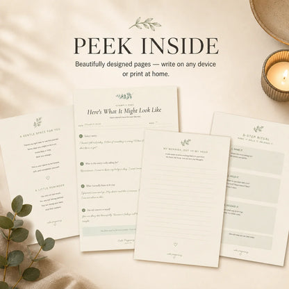 Inside The Worry Journal showing guided worry pages and a gentle 3-step ritual, printable pregnancy anxiety journal for first-time moms