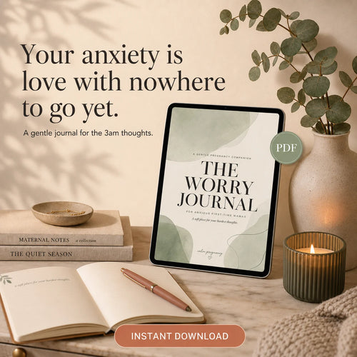 The Worry Journal for pregnancy anxiety with open journal, candle and eucalyptus in warm evening light, a safe place for 3am thoughts for anxious first-time moms